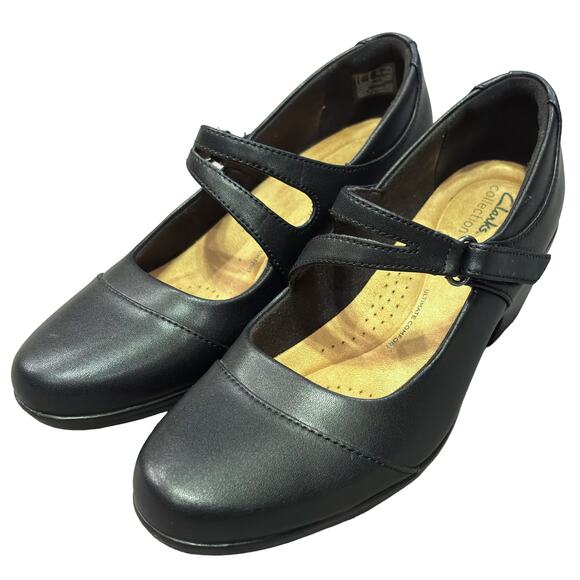 Clarks Collection Black Leather Mary Jane Heels Women’s 9 Comfort Shoes - Picture 2 of 10